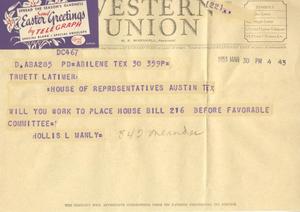 [Telegram from Hollis L. Manly, 1953-03-30]