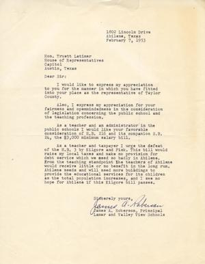[Letter from James A. Roberson to Truett Latimer, February 7, 1953]