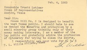 Primary view of object titled '[Letter from T. L. Willis to Truett Latimer, February 4, 1953]'.