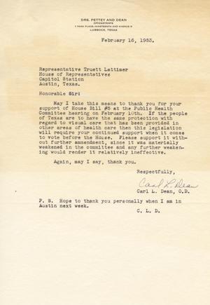 Primary view of object titled '[Letter from Carl L. Dean to Truett Latimer, February 16, 1953]'.