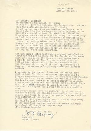 Primary view of object titled '[Letter from L. L. Murray to Truett Latimer, April 24, 1953]'.