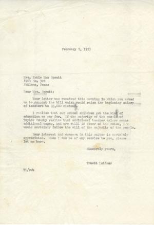 Primary view of object titled '[Letter from Truett Latimer to Katie Mae Spratt, February 9, 1953]'.