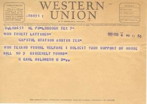 Primary view of object titled '[Telegram from C. Earl Hildreth, February 9, 1953]'.