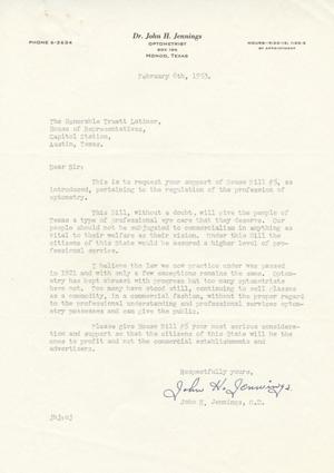 Primary view of object titled '[Letter from John H. Jennings to Truett Latimer, February 6, 1953]'.