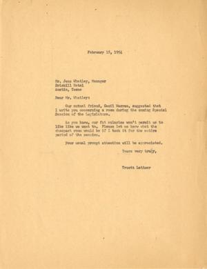 [Letter from Truett Latimer to Jess Whatley, February 18, 1954]