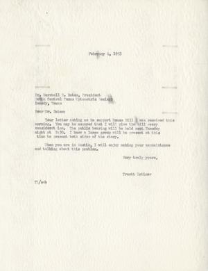 [Letter from Truett Latimer to Marshall H. Bates, February 4, 1953]