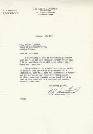 [Letter from B. W. Armistead to Truett Latimer, February 17, 1953]