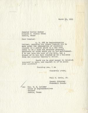 [Letter from Phil W. Davis to Harley Sadler, March 30, 1953]