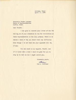 [Letter from Don A. Scrivner to Truett Latimer, April 11, 1954]