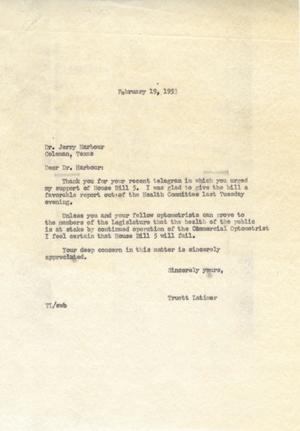 [Letter from Truett Latimer to Jerry Harbour, February 19, 1953]