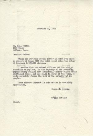 [Letter from Truett Latimer to O. L. Walton, February 20, 1953]