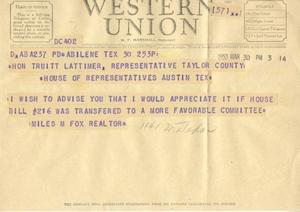 [Telegram from Miles M. Fox, March 30, 1953]