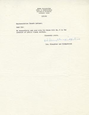 [Letter from Emma Slaughter and Vera G. Kirkapatrick to Truett Latimer, February 5, 1953]