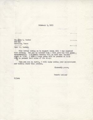 [Letter from Truett Latimer to John L. Hester, February 5, 1953]