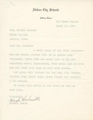 [Letter from Hugh W. Smith to Truett Latimer, March 12, 1953]