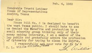 [Letter from T. L. Willis to Truett Latimer, February 4, 1953]
