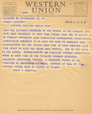 [Telegram from Grady B. Jolly, February 10, 1953]