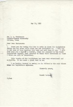 [Letter from Truett Latimer to W. A. Stephenson, May 16, 1953]