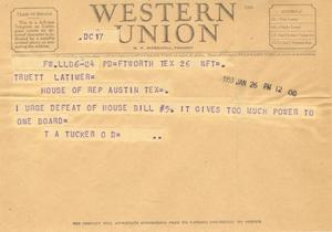 Primary view of object titled '[Telegram T. A. Tucker, January 26, 1953]'.