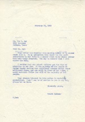 [Letter from Truett Latimer to Ike W. Jay, February 17, 1953]
