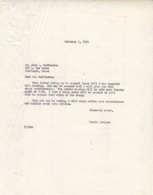 [Letter from Truett Latimer to John A. Huddleston, February 6, 1953]