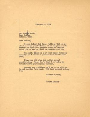 [Letter from Truett Latimer to Preston Smith, February 17, 1954]