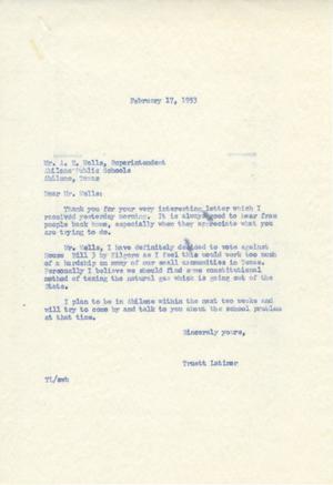 [Letter from Truett Latimer to A. E. Wells, February 17, 1953]