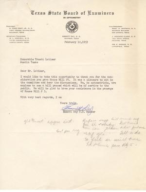 [Letter from Emmett Day to Truett Latimer, February 12, 1953]