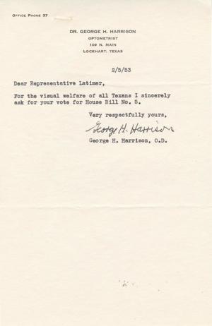 [Letter from George H, Harrison to Truett Latimer, February 5, 1953]