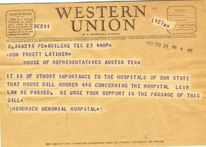 [Telegram from Hendrick Memorial Hospital, February 23, 1953]