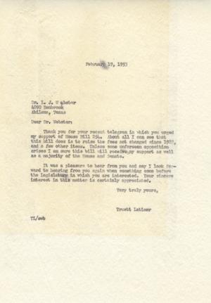 [Letter from Truett Latimer to L. J. Webster, February 19, 1953]