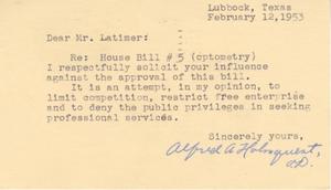 [Letter from Dr. Alfred A. Holmquest to Truett Latimer, February 12, 1953]