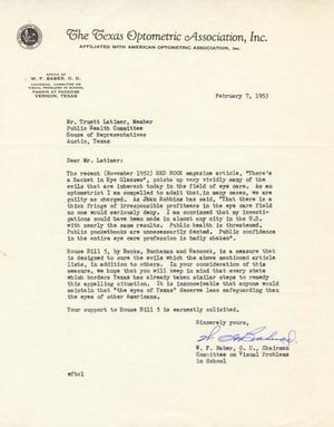 [Letter from W. F. Baber to Truett Latimer, February 7, 1953]