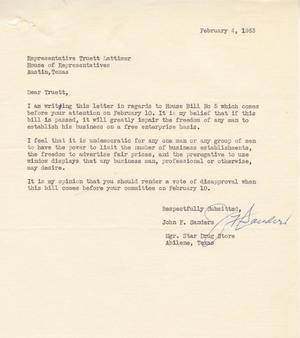 [Letter from John F. Sanders to Truett Latimer, February 4, 1953]