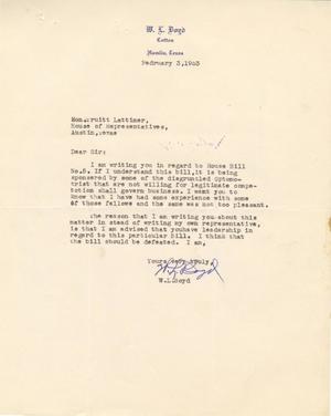 [Letter from W. L. Boyd to Truett Latimer, February 3, 1953]