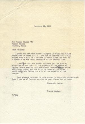 [Letter from Truett Latimer to The Fannin School PTA, February 19, 1953]