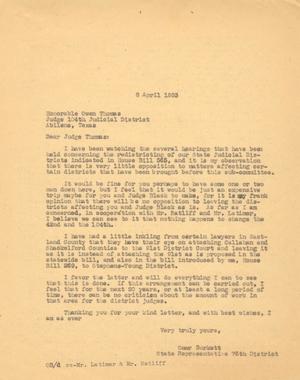 [Letter from Omar Burkett to Owen Thomas, April 8, 1953]