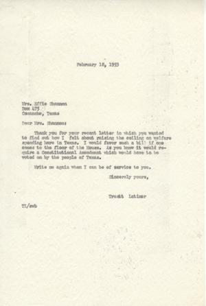 Primary view of object titled '[Letter from Truett Latimer to Mrs. Effie Shannon, February 18, 1953]'.