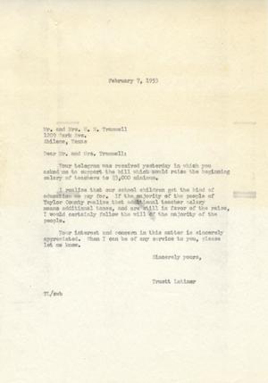 [Letter from Truett Latimer to Mr. and Mrs. W. H. Tramell, February 7, 1953]