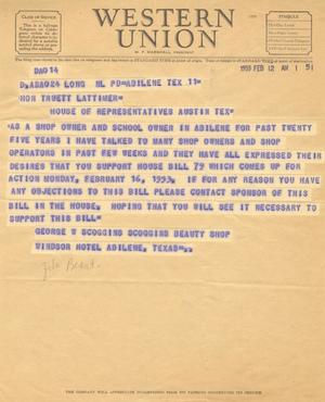 [Telegram from George W. Scoggins, February 12, 1953]