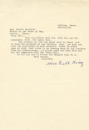 [Letter from Mrs. Dell King to Truett Latimer, February 5th, 1953]