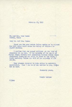 [Letter from Truett Latimer to Mr. and Mrs. Gene Names, February 17, 1953]