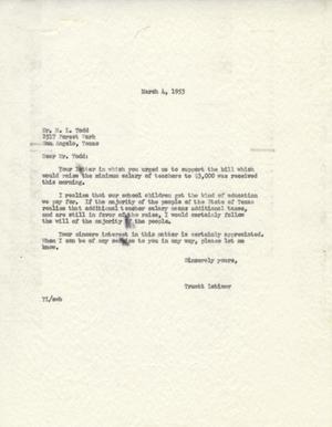 [Letter from Truett Latimer to H. L. Todd, march 4, 1953]