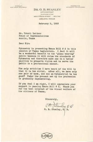 [Letter from O. B. Stanley to Truett Latimer, February 5, 1953]