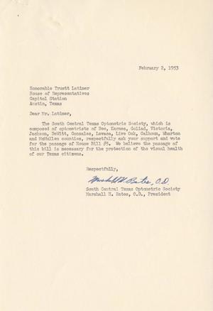[Letter from Marshall H. Bates to Truett Latimer, February 2, 1953]
