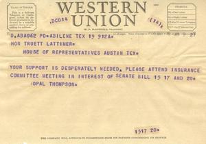 [Telegram from Opal Thompson, May, 1953]