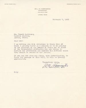 [Letter from J. M. Harrington to Truett Latimer, February 7, 1953]
