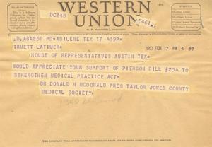 [Telegram from Dr. Donald H. McDonald, February 17, 1953]