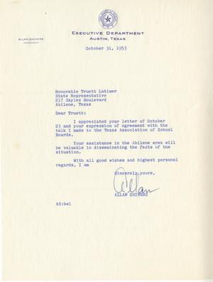 [Letter from Allan Shivers to Truett Latimer, October 31, 1953]