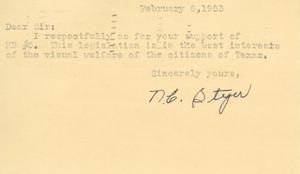 [Letter from N. C. Steger to Truett Latimer, February 6, 1953]